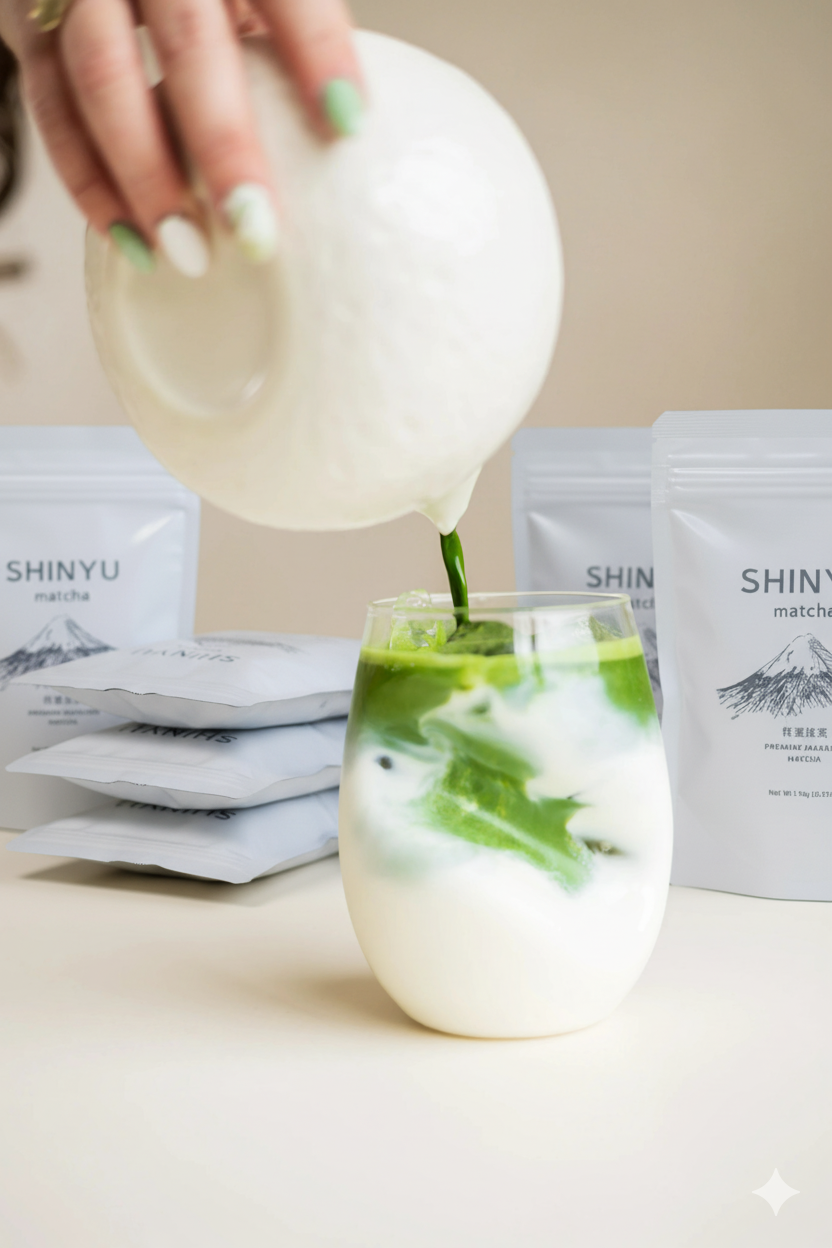 SHINYU Matcha Triple Pack (3x30gr) 4 Matcha latte bereid door melk over matcha te gieten in een glas, omringd door Shinyu matcha verpakkingen