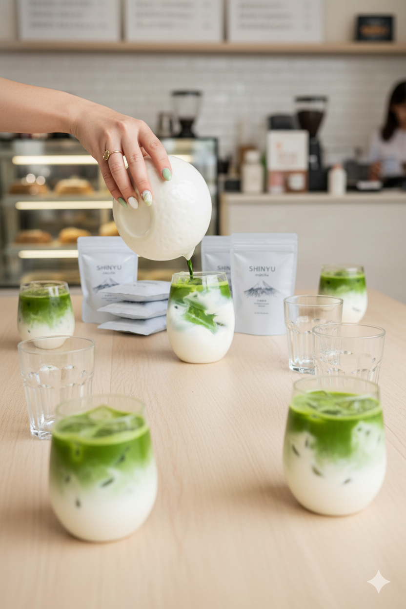 SHINYU matcha - Large pack 6 Hand pouring milk into an iced matcha latte, with multiple layered matcha drinks and Shinyu matcha packaging on a café table
