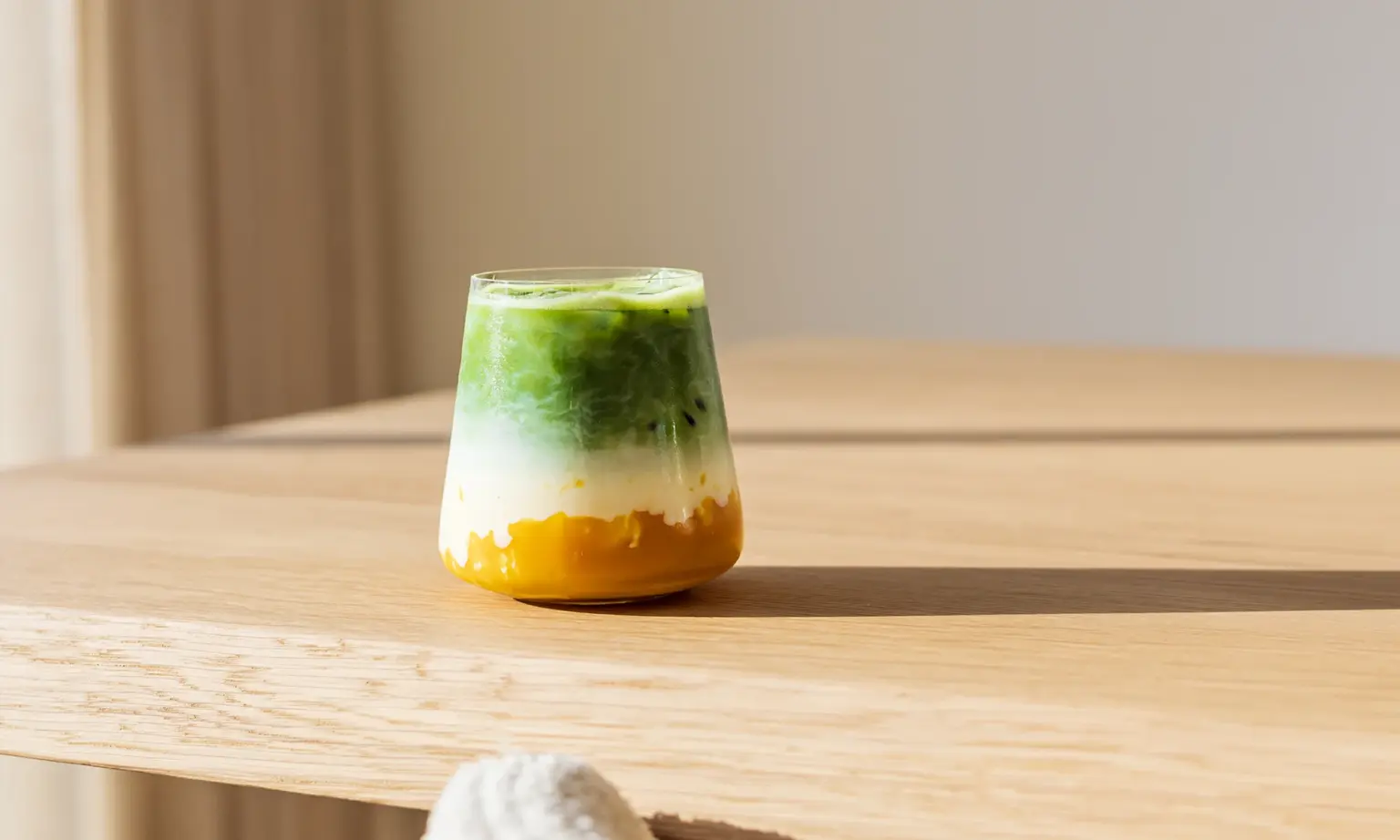Gelaagde drank in een glas met onderaan oranje mangopuree, een witte melklaag en bovenop groene matchakiwi