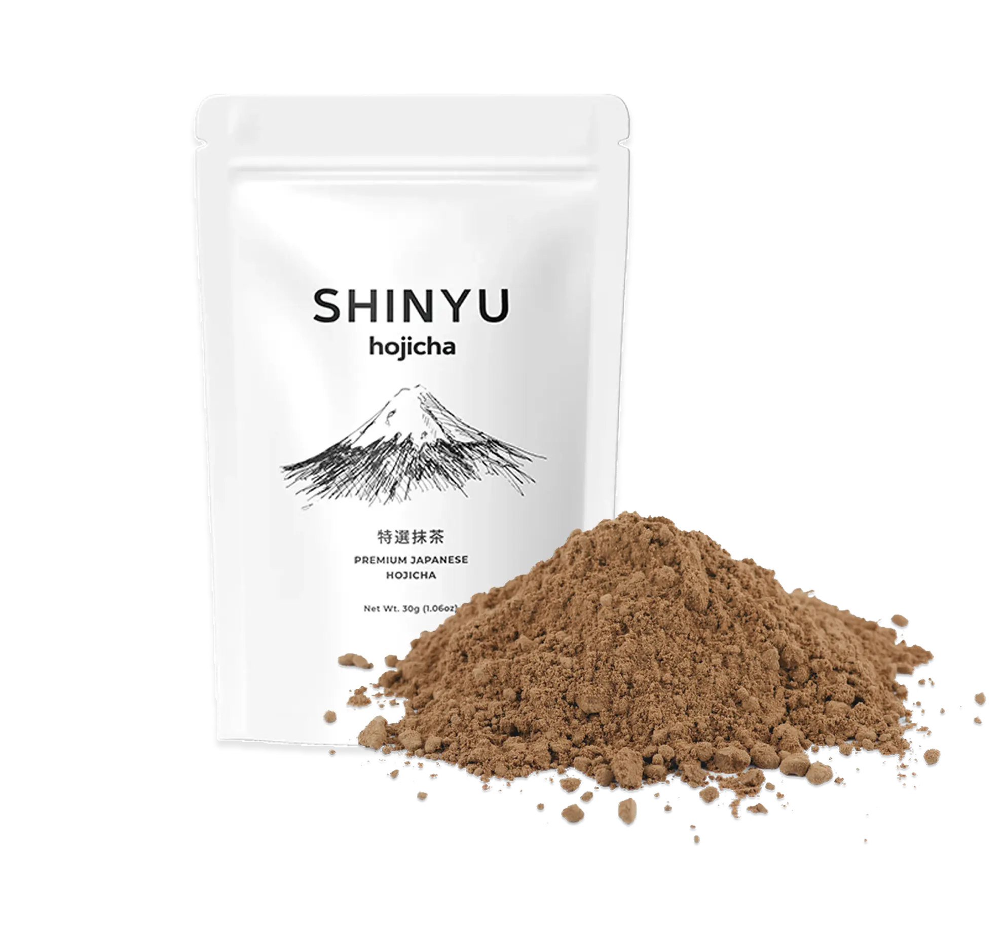 Shinyu Hojicha poeder in witte verpakking van 30g, met een hoop bruin hojicha poeder ervoor