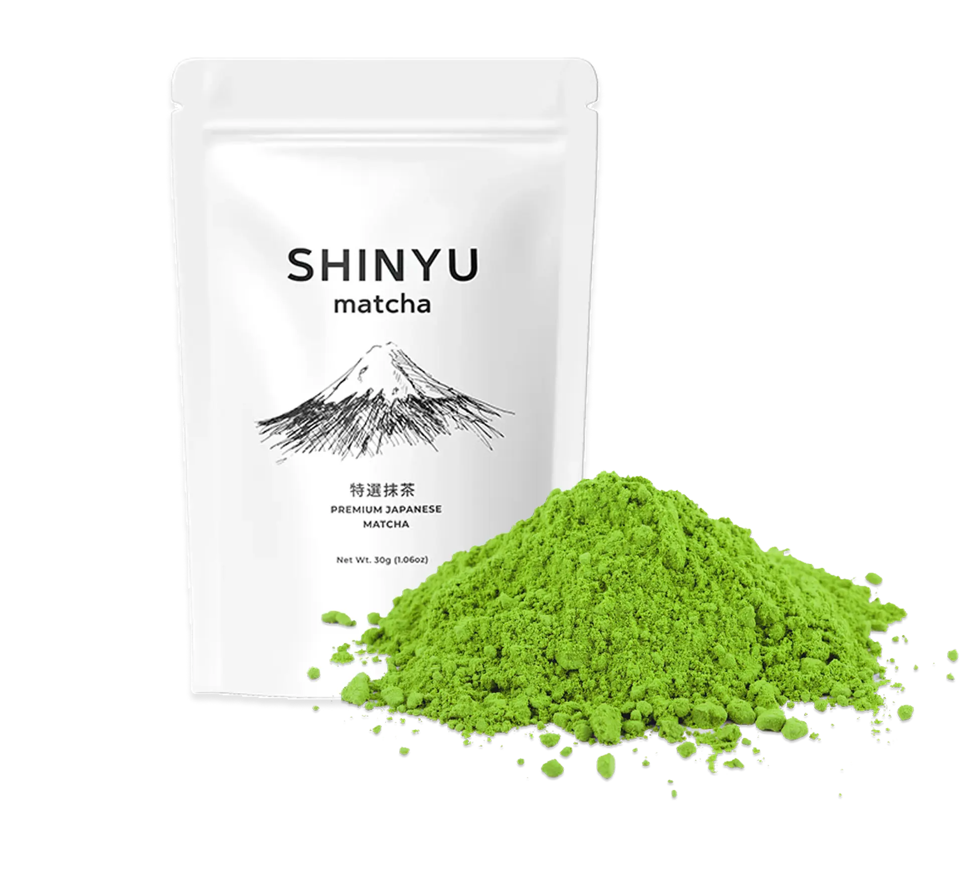 Shinyu Matcha – Premium Japanse matcha poeder, 30g verpakking met een hoop felgroen matchapoeder ervoor